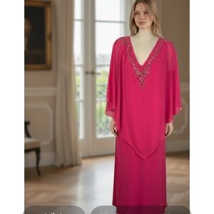 Elegant Pink Sleeveless Maxi Dress With Matching Cape